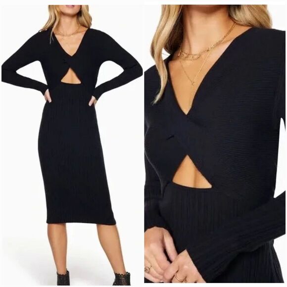 RAMY BROOK Pilar Cut Out Stretch Knit Ribbed Sweater Midi Dress Large In Olive - Picture 3 of 14